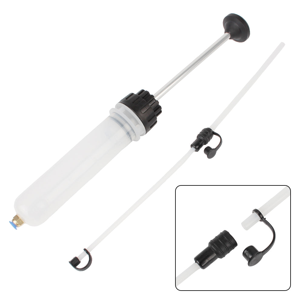 A manual fuel transfer and oil extractor syringe with a long white tube and a black plunger and nozzle.