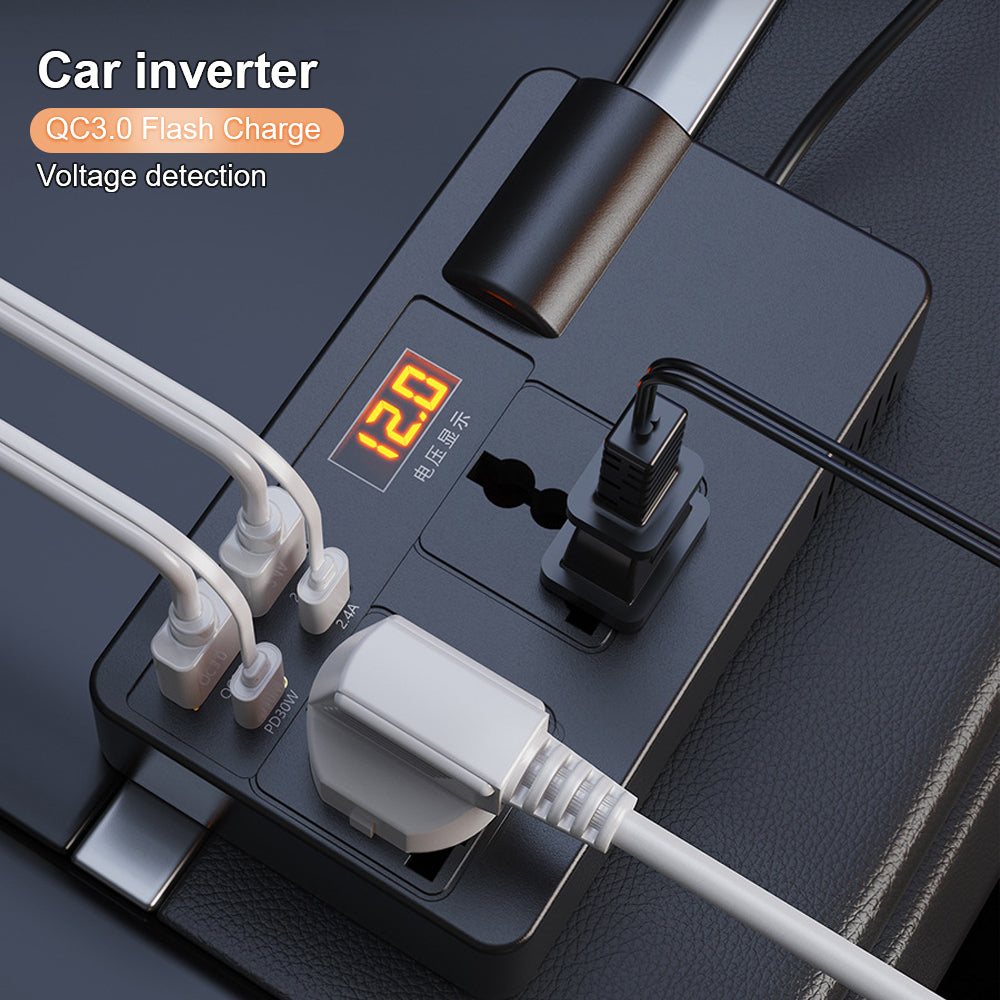 A black car inverter device with a white plug and cables, showing a digital display reading 120.0 volts.