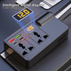 A black power inverter device with an intelligent digital display showing 12.0 and multiple charging ports.