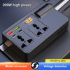 A black 200W high power car power inverter with a digital display and multiple charging ports is shown on a dark surface.