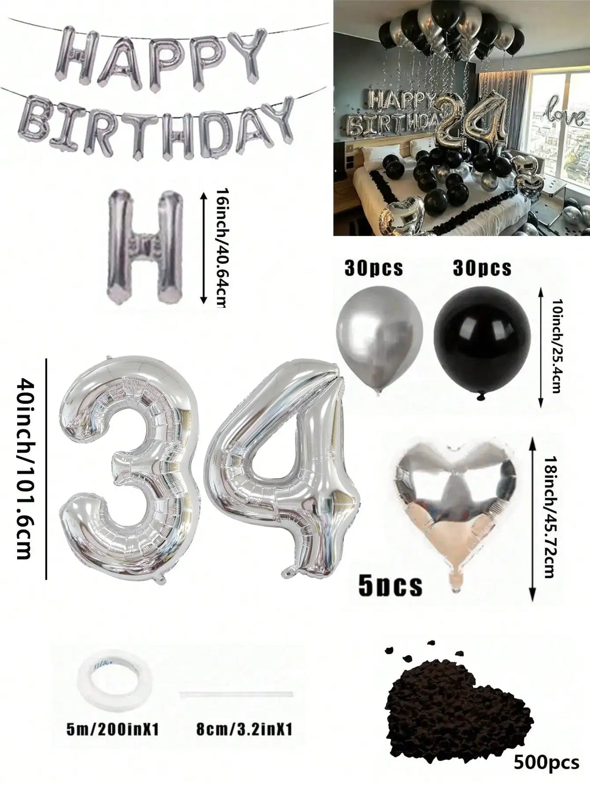 A kit for creating a balloon garland featuring silver and black foil numbers and balloons.