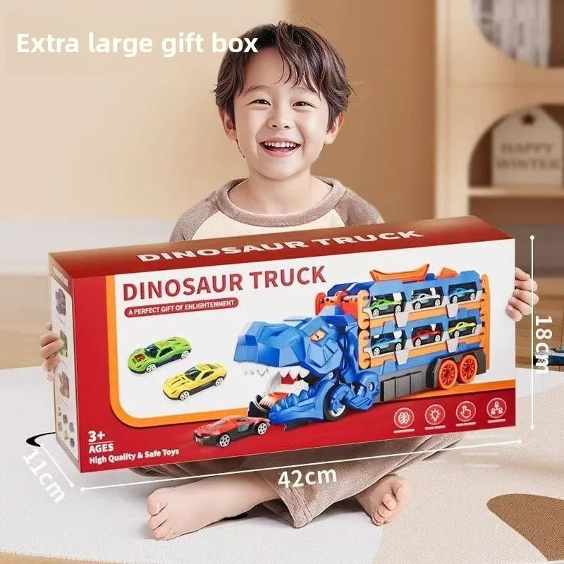 Camión Transportador de Dinosaurios con Pista de Carreras Plegable y 12 Coches de Aleación