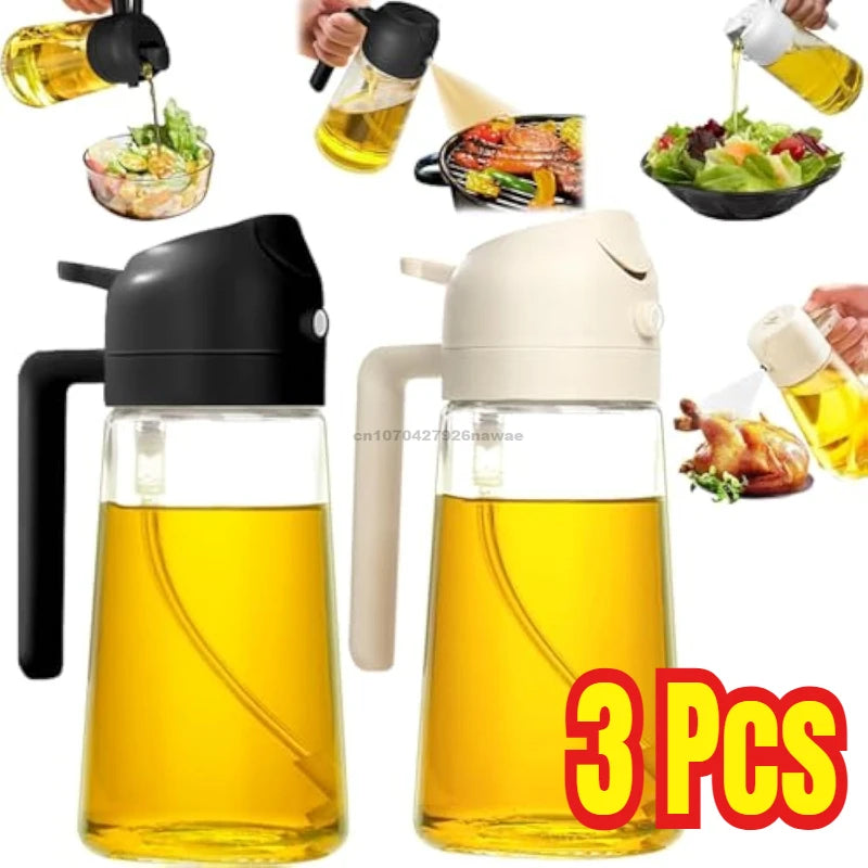 Three glass oil spray bottles used for cooking and oil dispensing