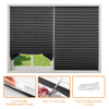 Close-up view of dark gray pleated window blinds and included double-sided tape and adjustable clips for installation