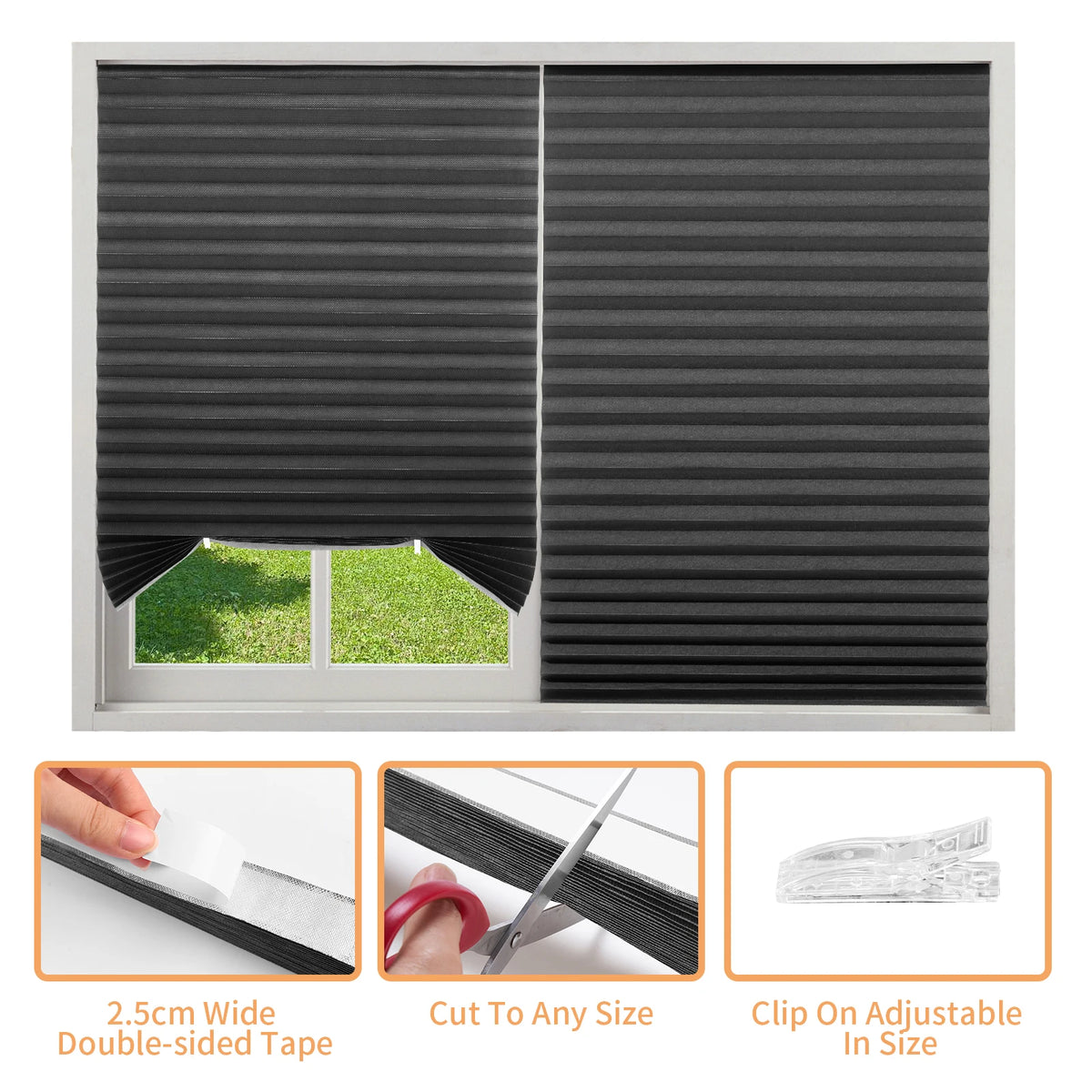 Close-up view of dark gray pleated window blinds and included double-sided tape and adjustable clips for installation