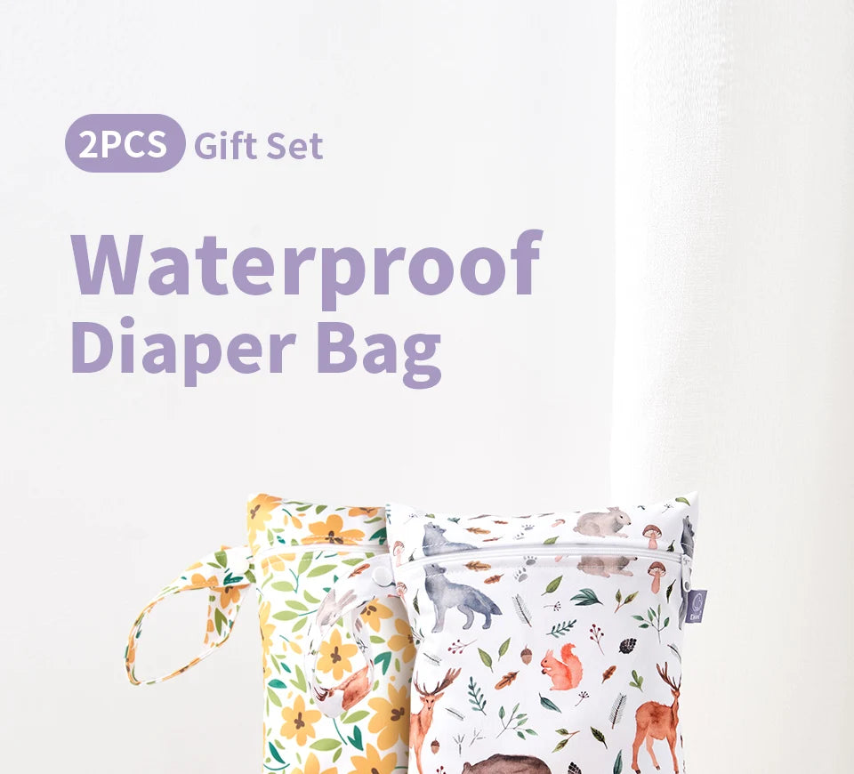 A set of two waterproof diaper bags featuring floral and animal patterns for baby