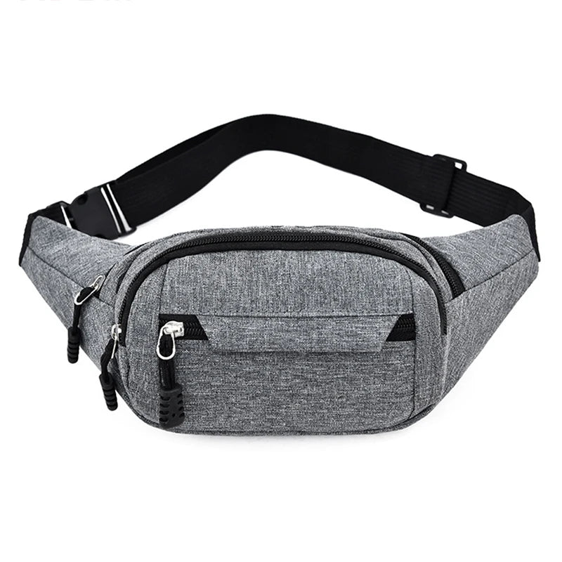 Gray canvas waist pack with black strap and multiple zippered pockets