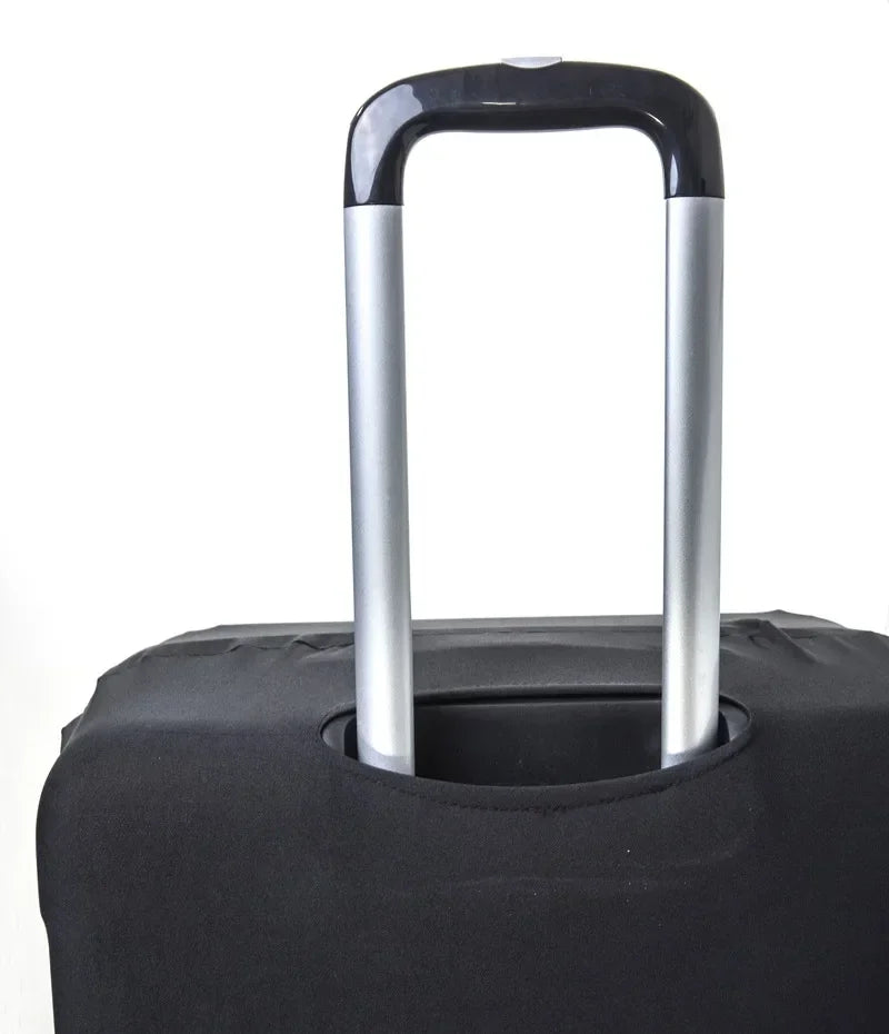 A black suitcase cover protector with silver handles and a flexible strap.