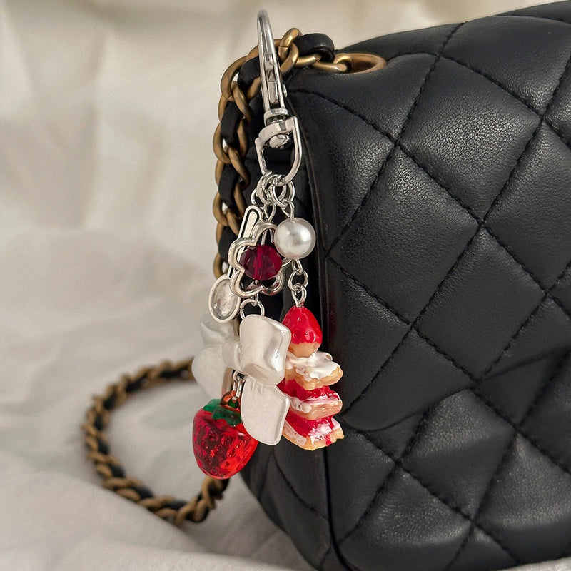 Strawberry Cake Bag Charm with Pearl Bowknot