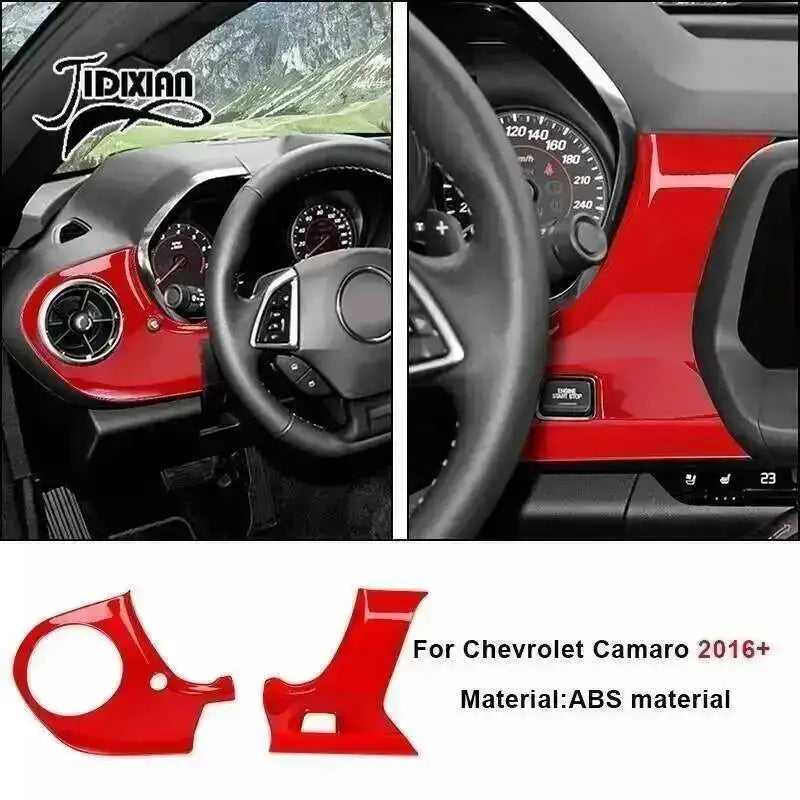 Red interior and exterior trim kit for Chevrolet Camaro featuring custom accents.