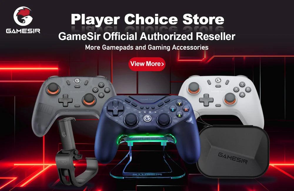 Eine Sammlung von offiziell autorisierten Händlernprodukten von GameSir, darunter verschiedene Gamepads und Zubehör.