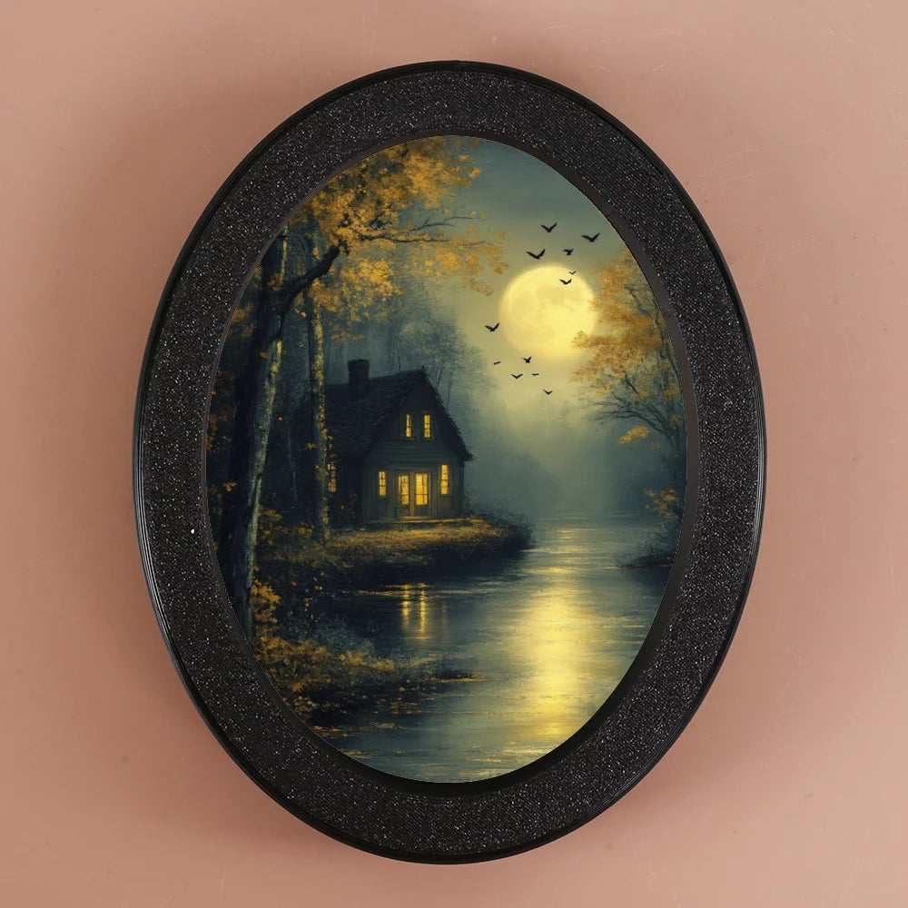 Moonlit Rain Cabin Oval Photo Frame