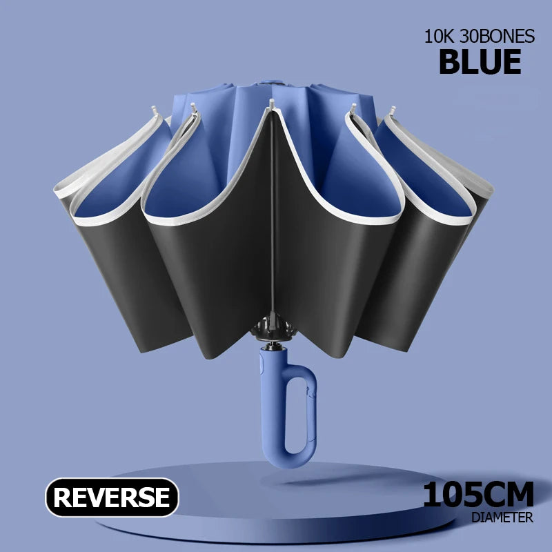 Auto Reverse-Folding Umbrella with Reflective Stripe & Carabiner Handle