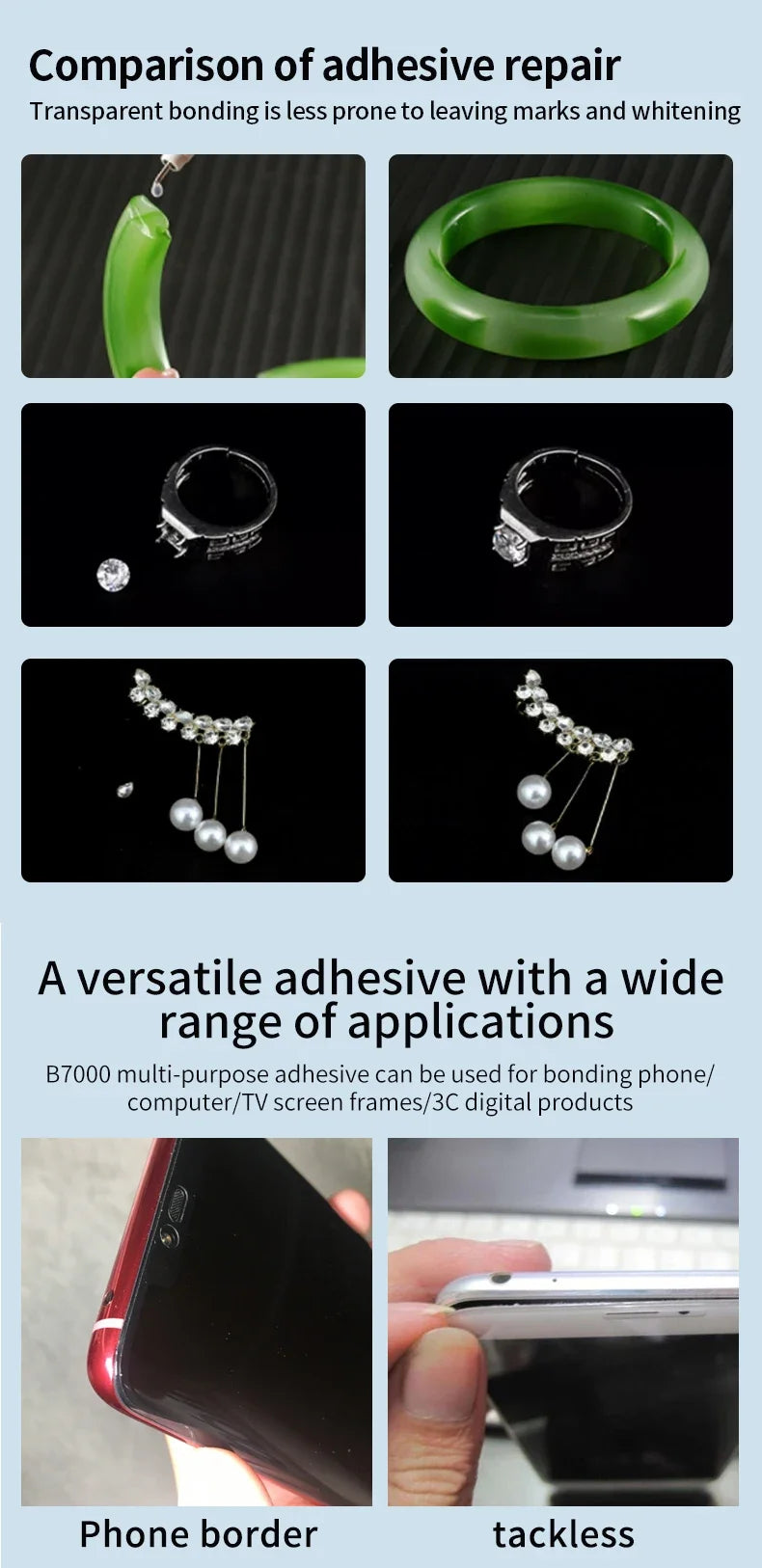 Comparison of adhesive repair showing transparent bonding, jewelry repairs, and versatile applications on electronics.