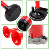 A set of dual tone air horn components including a compressor, horn, and mounting hardware in red and black.
