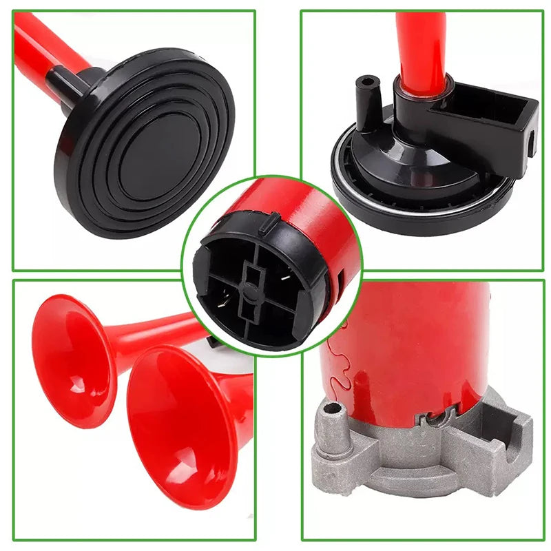 A set of dual tone air horn components including a compressor, horn, and mounting hardware in red and black.