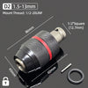 A close-up view of a D2 mount drill chuck with a 1/2 inch square shank and a hex mount thread.