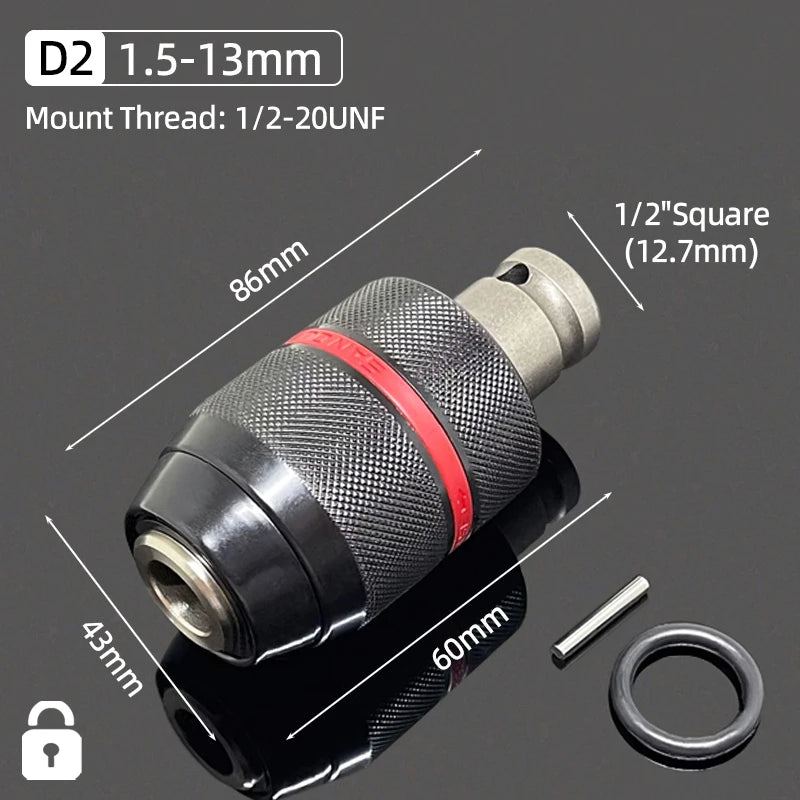 A close-up view of a D2 mount drill chuck with a 1/2 inch square shank and a hex mount thread.