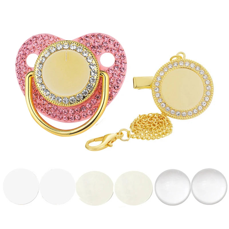 Pink and gold sparkling rhinestone pacifier with clip for babies