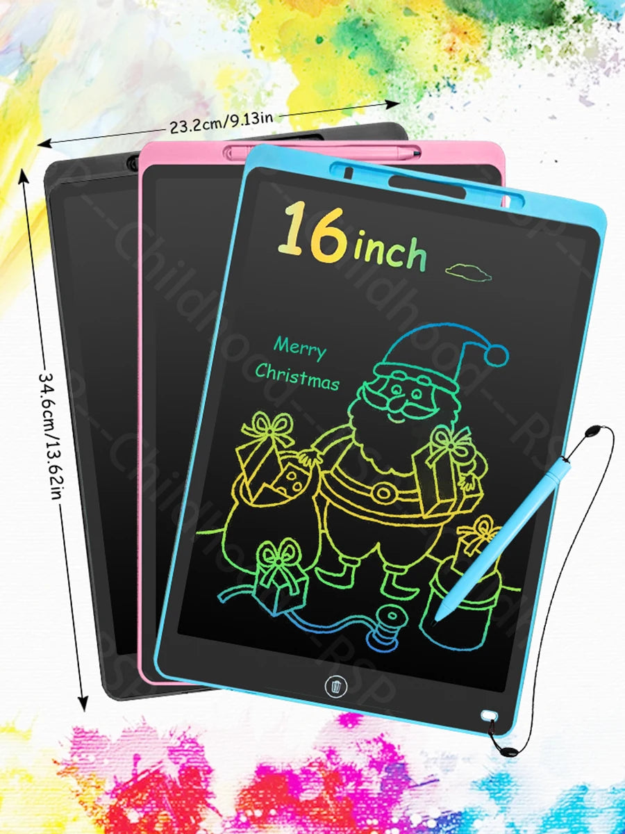 A pink and blue LCD writing tablet is shown with a stylus pen, displaying a Christmas greeting.