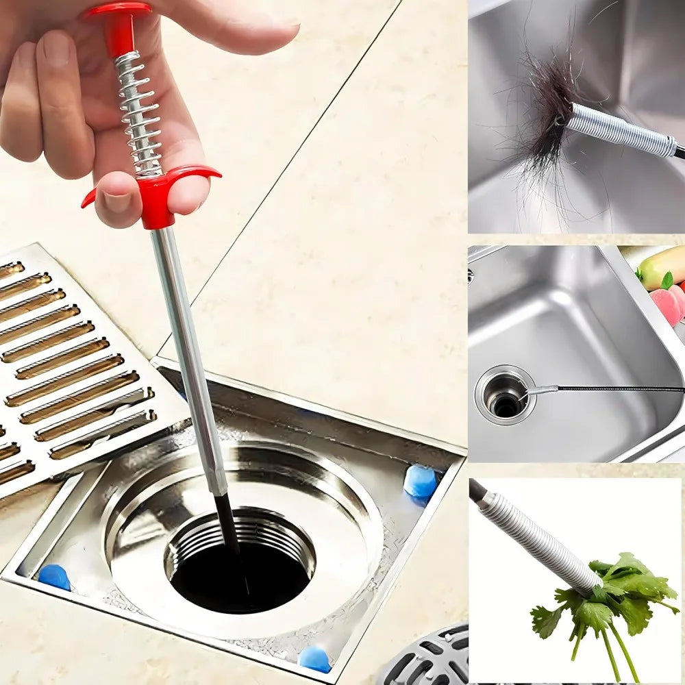 A hand uses a flexible drain snake to clear a clog in a kitchen sink, showing the tool and the removed hair.
