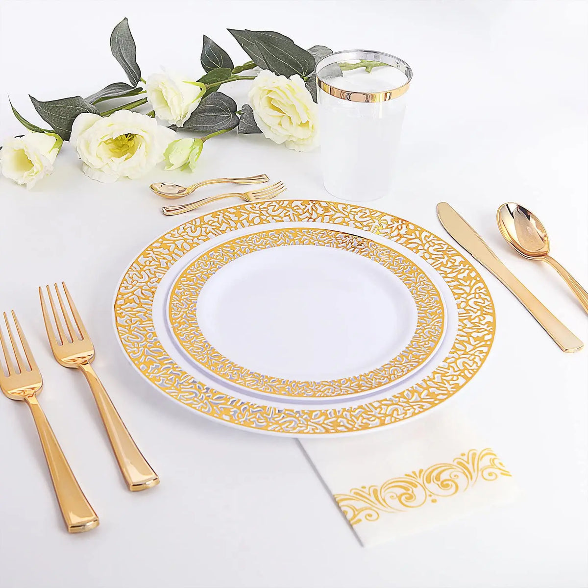Elegant White Disposable Dinner Plates with Silver Lace Design