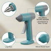 A teal cordless hot glue gun with a large base, silicone nozzle guard, and various design features shown in detail.