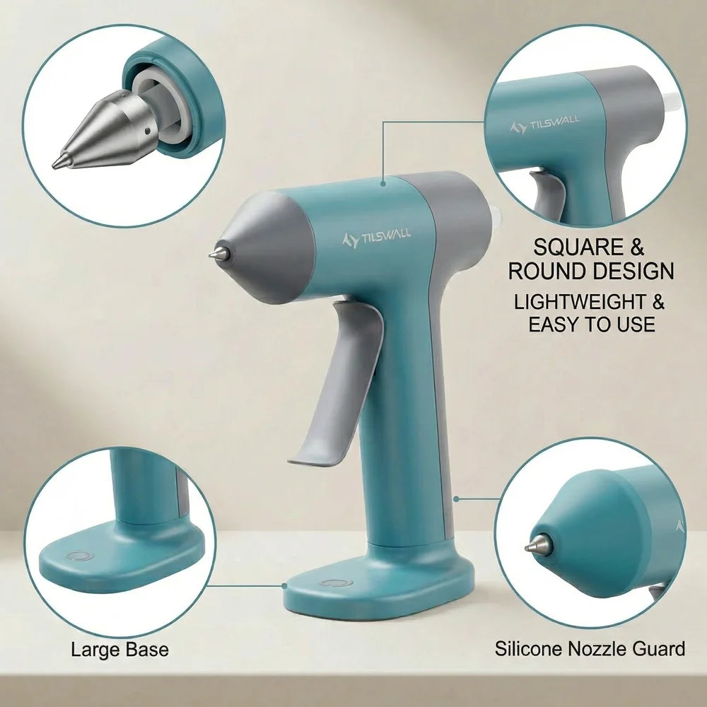A teal cordless hot glue gun with a large base, silicone nozzle guard, and various design features shown in detail.