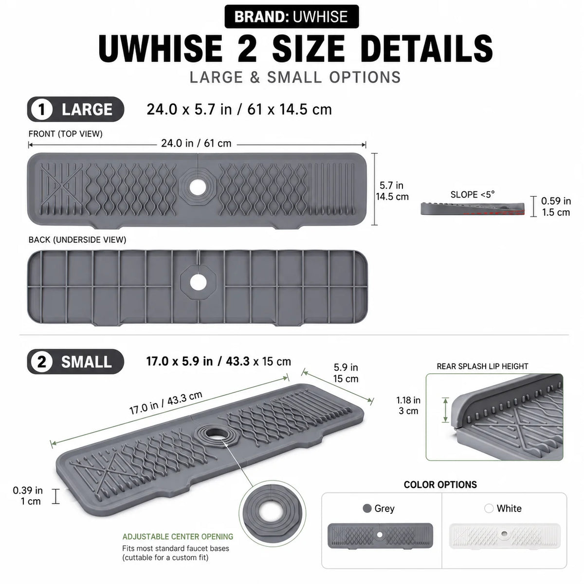 Details of the Uwhite 2 size faucet mat options including large and small versions