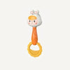 A white and orange cartoon animal rattle toy for baby sensory development.