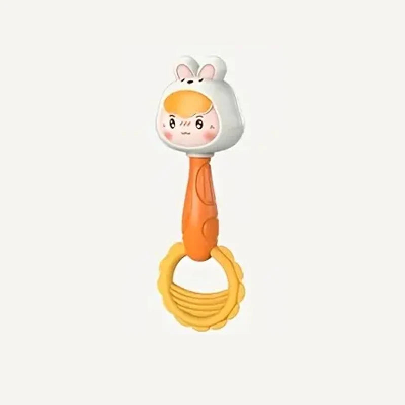 A white and orange cartoon animal rattle toy for baby sensory development.