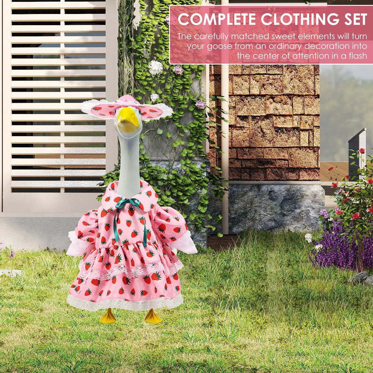 A complete clothing set for a goose costume featuring pink and red floral patterns and yellow feet.