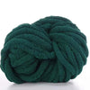 A ball of dark green chunky chenille yarn used for knitting and crochet
