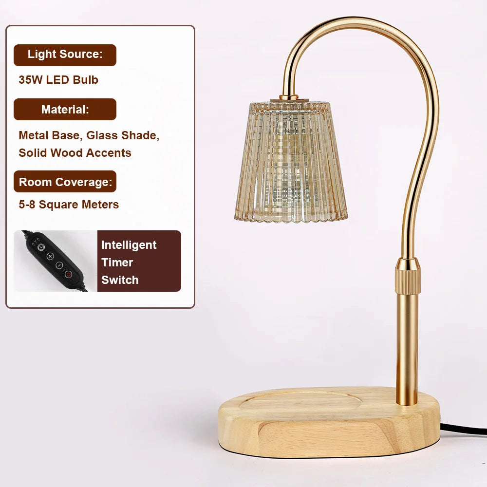 A brass floor lamp with a clear glass shade and wooden base, featuring a 35W LED bulb.