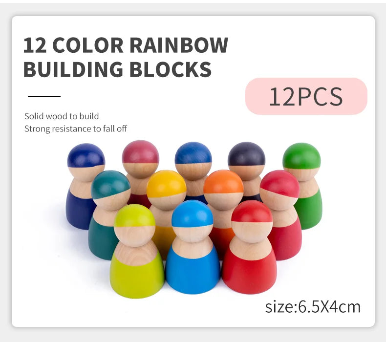 A set of twelve colorful wooden rainbow building blocks in various shades and sizes.