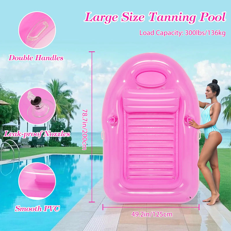 Inflatable Tanning Pool Lounger with Ice Bar & Cup Holders