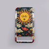 A lanyard featuring a design of a yellow sun with facial features surrounded by orange rays and clouds on a dark background.