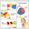 A white Montessori busy cube toy for toddlers showing features like gear rotation, a door key, and a push sensory toy.