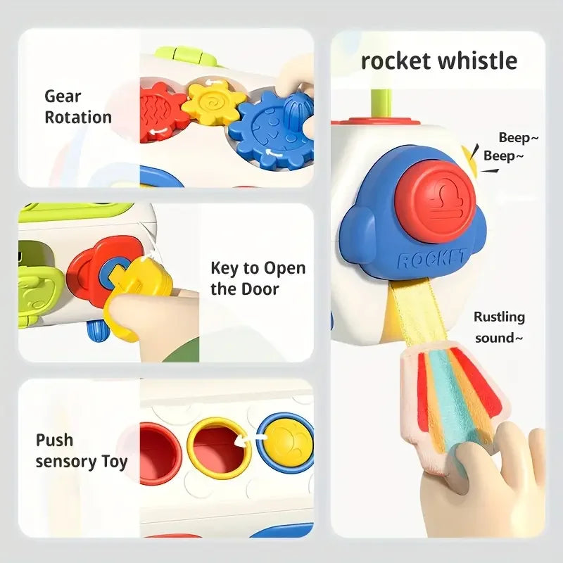 A white Montessori busy cube toy for toddlers showing features like gear rotation, a door key, and a push sensory toy.