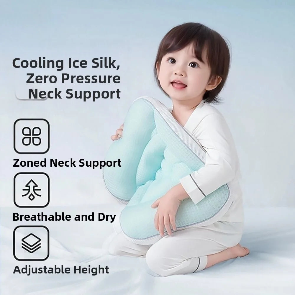 A baby is shown using a light blue, breathable neck support pillow for neck and head comfort.