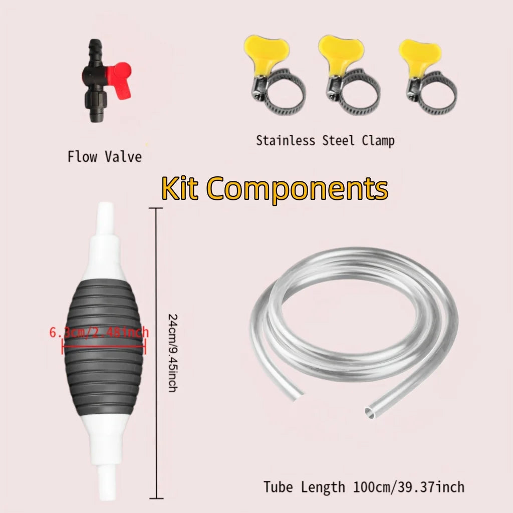 Kit components including a flow valve, stainless steel clamp, and a 100cm tube for a portable siphon pump.