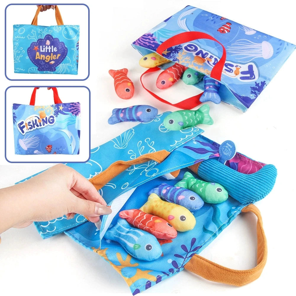 A set of blue and orange cloth fishing and sorting toys for children, including a bag and various fish figures.