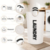 A white laundry hamper with padded handles, collapsible design, waterproof features, and a soft grip.