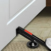 A black door lift tool with an orange handle is shown installed on a white cabinet door.
