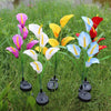 A set of solar-powered calla lily LED garden lights growing in green grass.
