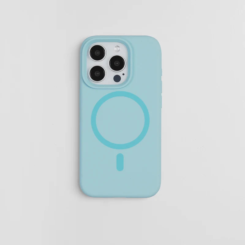 Coque de téléphone en silicone bleu clair avec un motif de loupe circulaire à l'arrière.