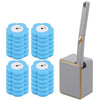 A set of wall-mounted disposable toilet brush heads and a handle in light gray and blue.