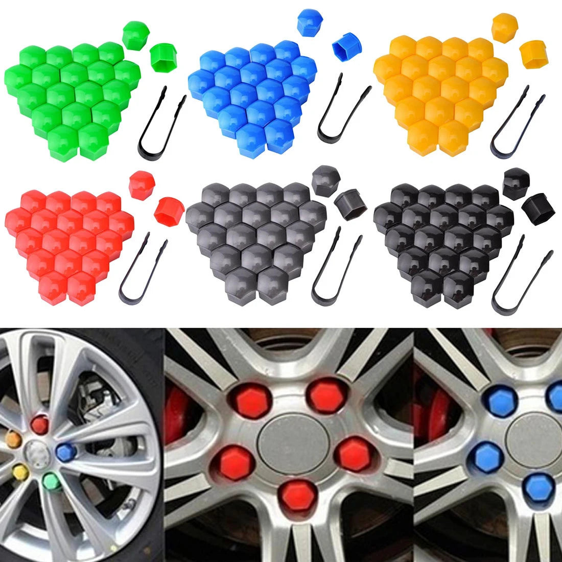 A set of 20 plastic nut cap covers in various colors including green, blue, orange, red, and black for car wheel hub bolts