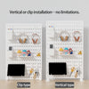 A white desktop pegboard organizer showing vertical and clip installation options with various hooks and shelves.
