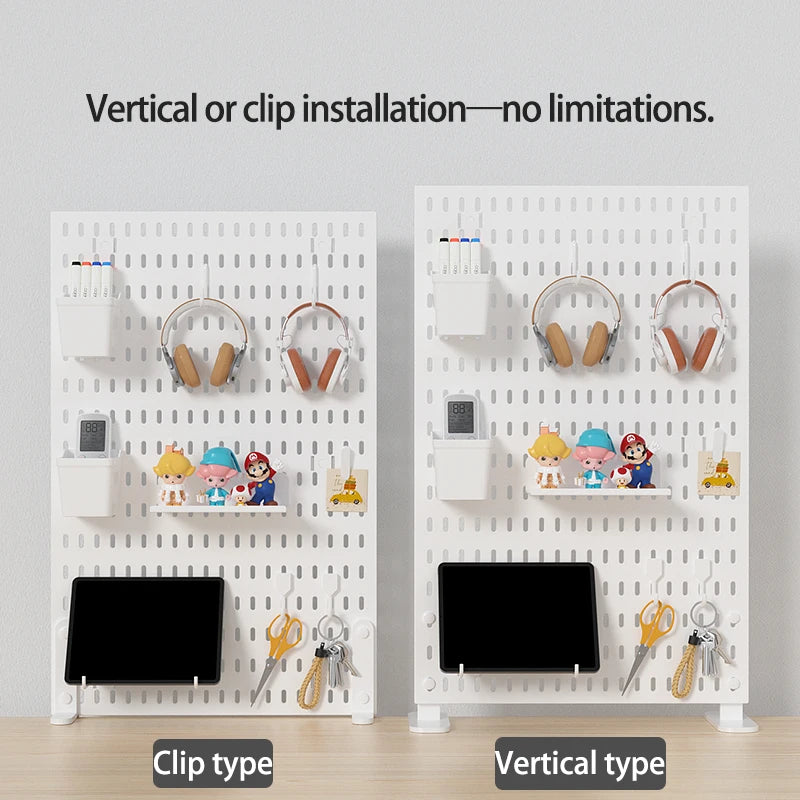 A white desktop pegboard organizer showing vertical and clip installation options with various hooks and shelves.